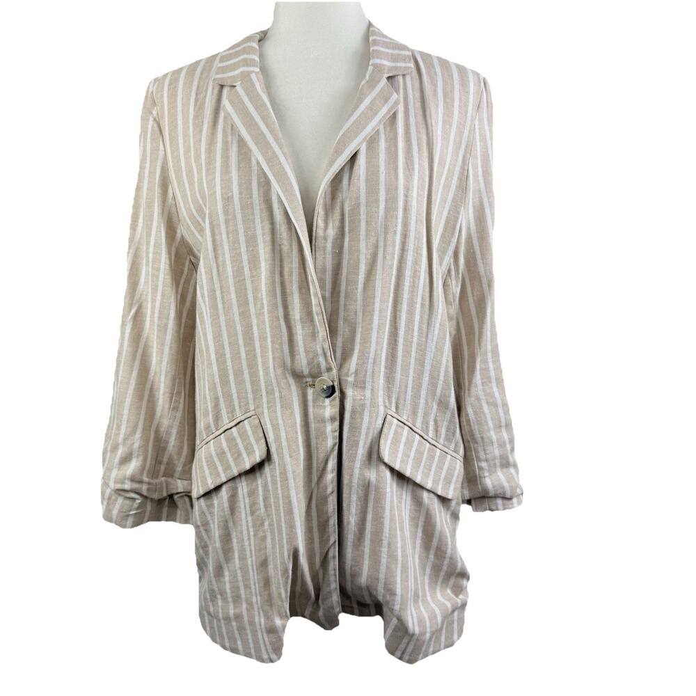 Oversized Beige Striped BP. Boyfriend Blazer Small Cinched 3/4 Sleeve Neutral